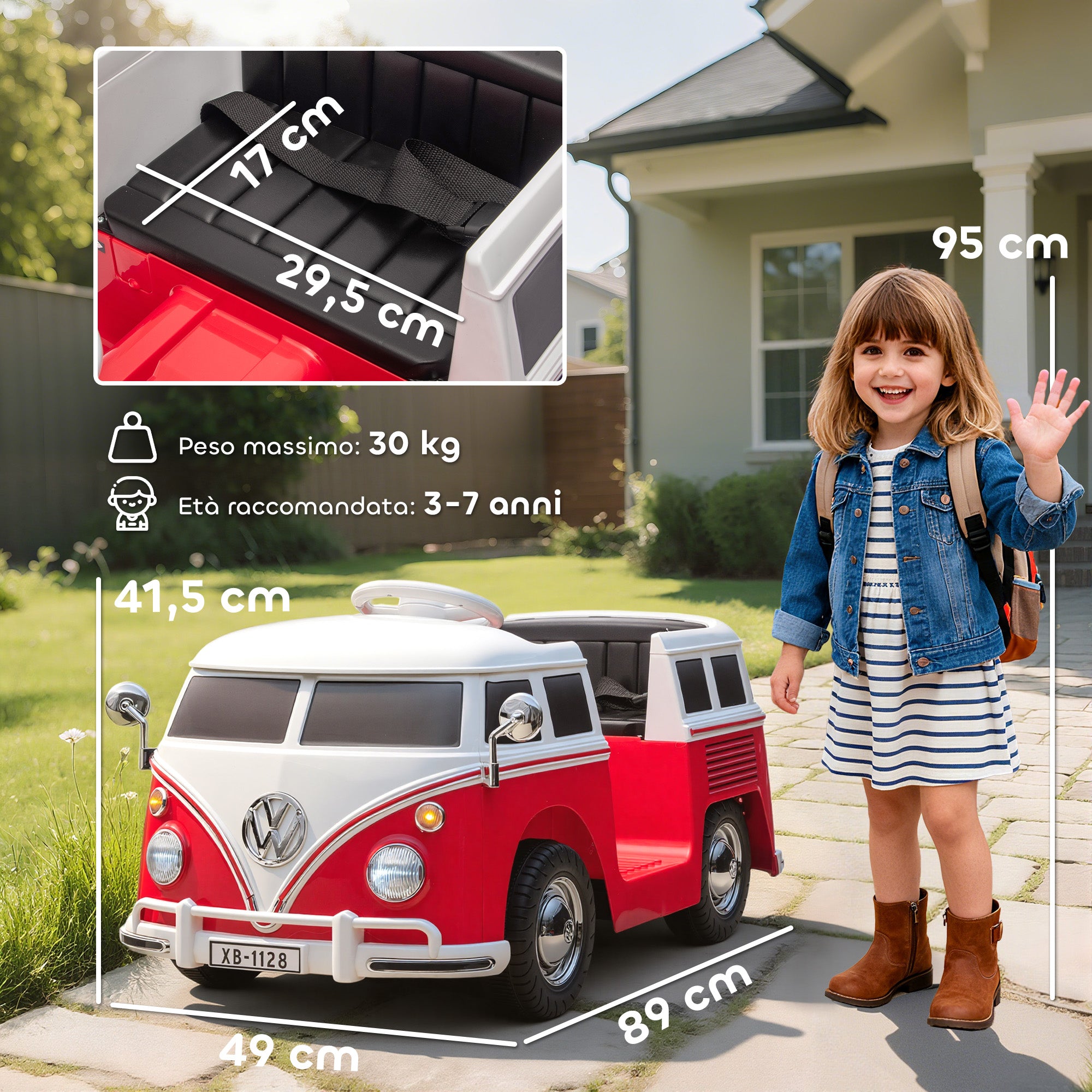 Macchina Elettrica per Bambini 89x49x41,5 cm Licenza Volkswagen T1 con Lettore MP3 in Metallo e PP Rosso
