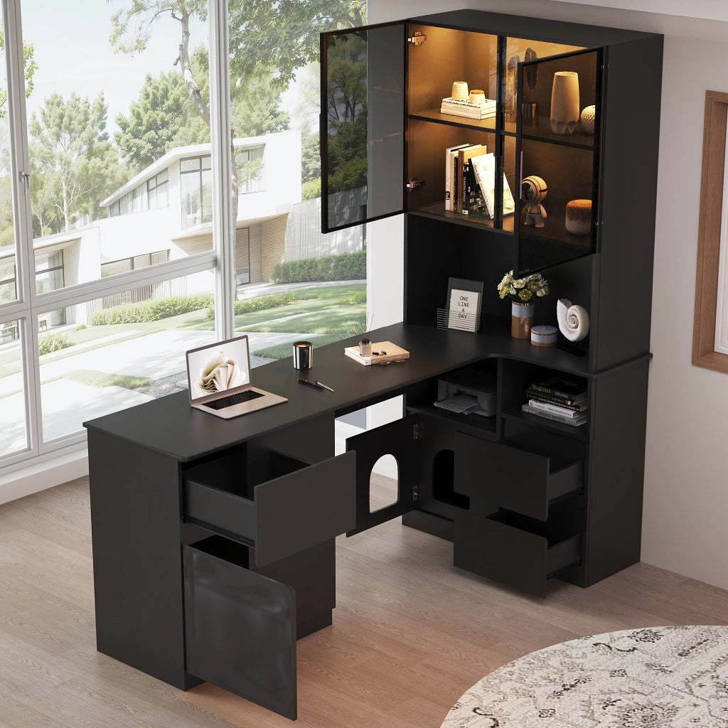 Scrivania angolare con vetrina LED, 3 cassetti, 2 ante e vani aperti, per studio, in MDF nero, 120 × 80 × 180 cm