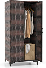 Armadio in Vimini con 2 Ante, Armadio Guardaroba in Rattan PE con Asta Appendiabiti e 4 Cubi di Stoccaggio, per Soggiorno, Camera da Letto e Patio, 72 x 50 x 157 cm (Maronne)