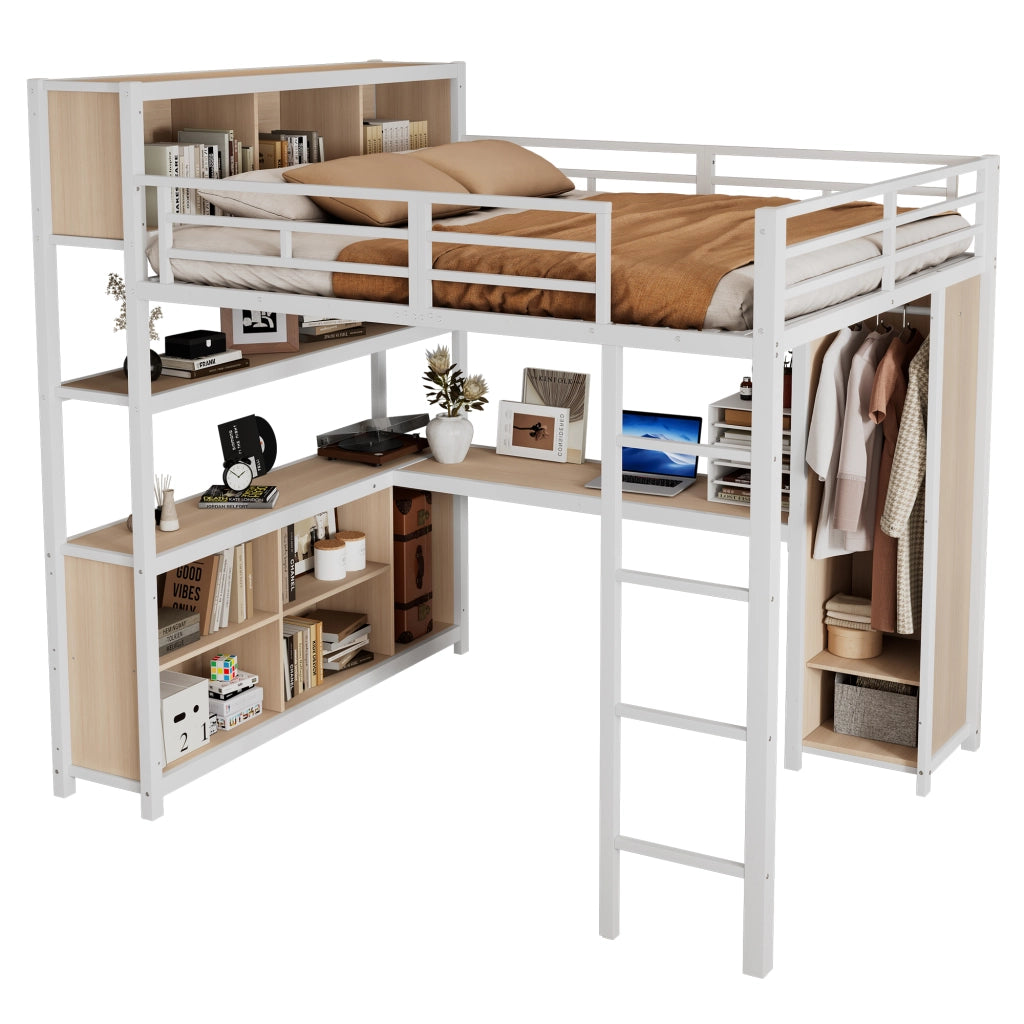 OKWISH Letto a soppalco 140×200 cm, Letto Matrimoniale con Scrivania, Contenitori, Armadio e Mensole, senza Materasso, Bianco