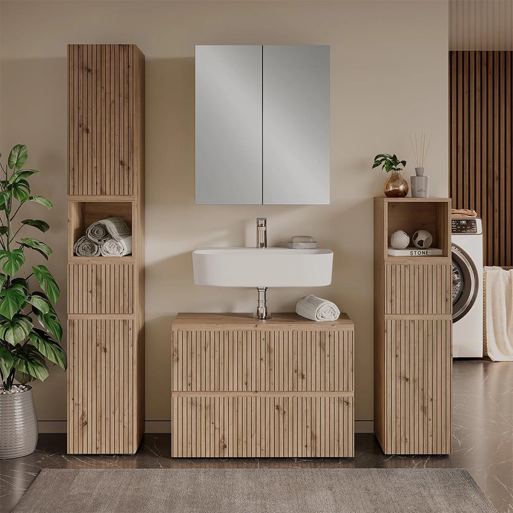 Mobile sottolavabo per bagno Takumi, Artigiano, 80 x 58 cm con 2 cassetti, per la conservazione e l'organizzazione degli accessori da bagno