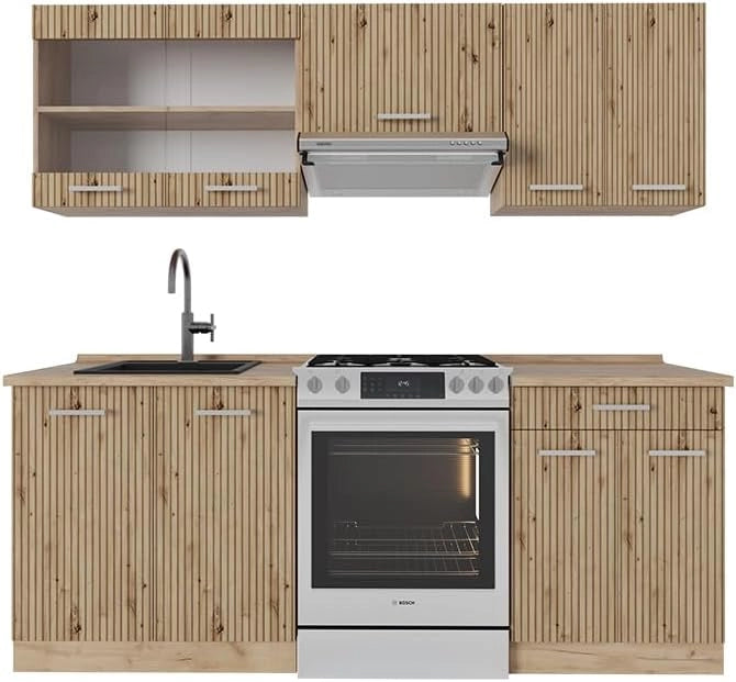 Cucina componibile R-Line, Casa di campagna bianca/quercia dorata, 200 cm, PL Antracite, adatto per l'espansione personalizzata tramite moduli aggiuntivi