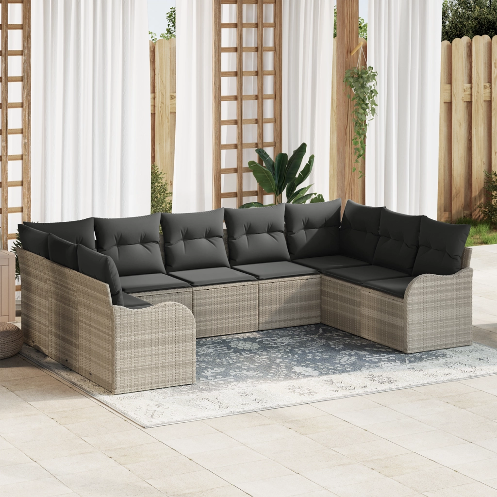 Set Divano Giardino  9 Pezzi con Cuscini Grigio Chiaro Polyrattan