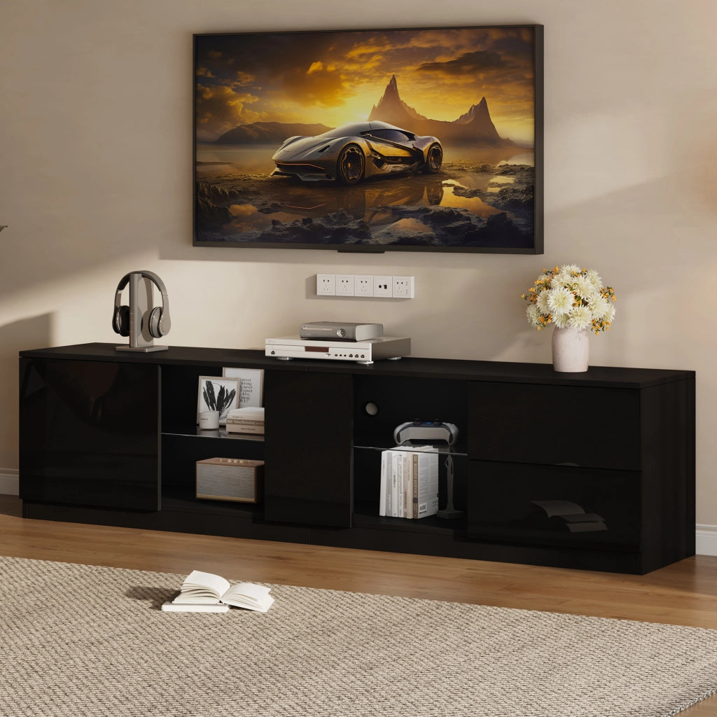 Mobile porta TV con LED, 2 cassetti e 1 anta, in MDF con ripiano in vetro temperato, per soggiorno, 160 × 40 × 52 cm