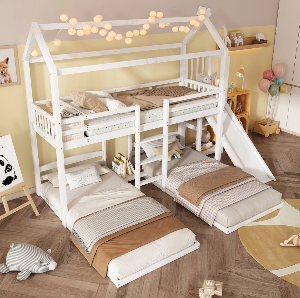 Letto a castello 90x200 cm con scivolo; tetto e 3 posti letto in legno e MDF bianco