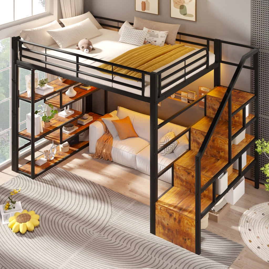 Letto a soppalco 140x200 cm con spazio libero sottostante; LED; ripiano; gradini integrati e parapetto; metallo nero