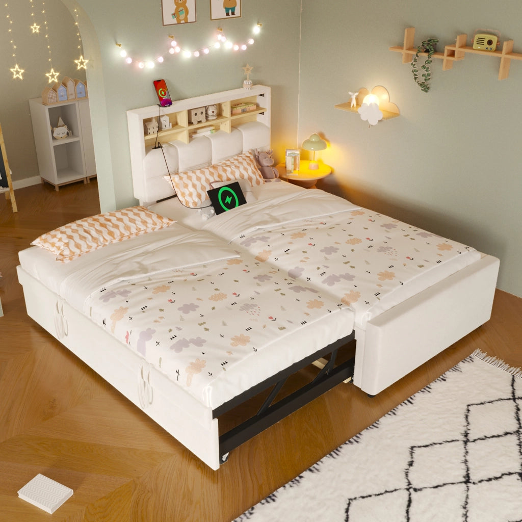 Letto singolo in velluto beige 90x200 cm con letto estraibile e prese USB