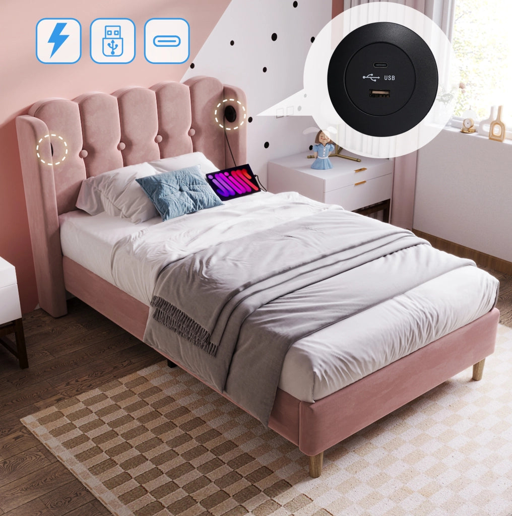 Letto singolo 90x200 cm imbottito in velluto rosa con USB e Type-C; con materasso