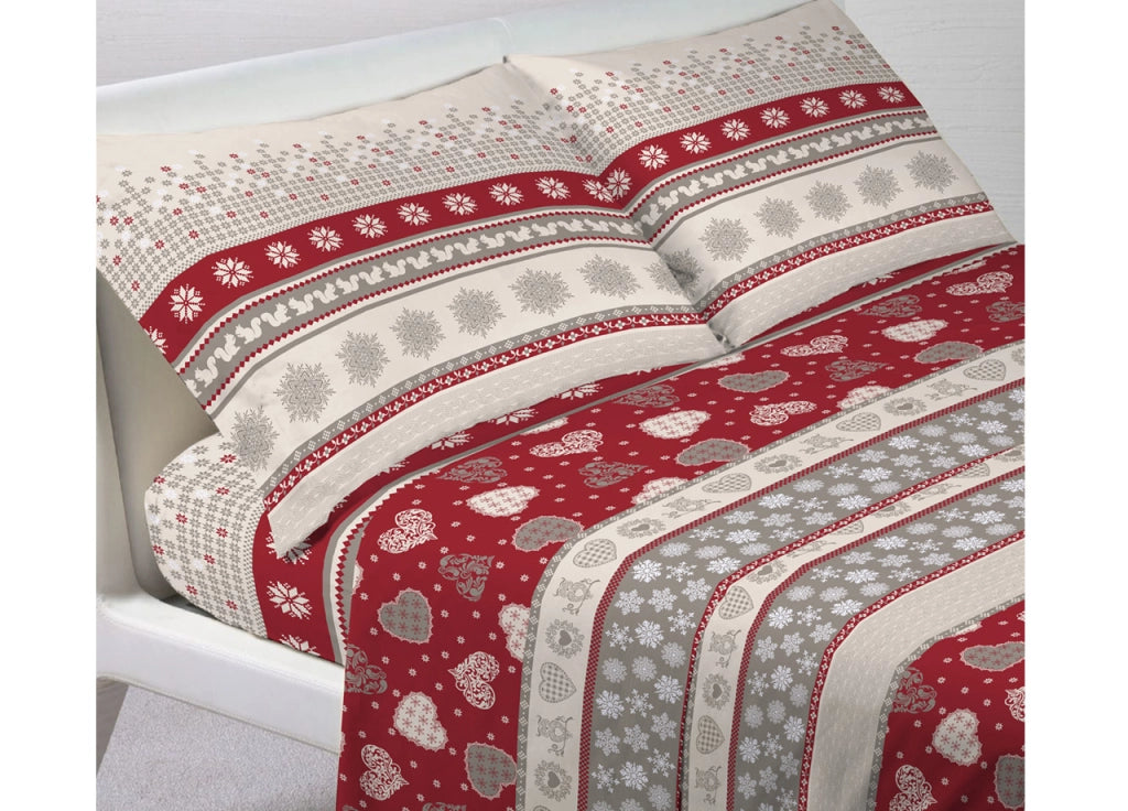 Completo Lenzuola Letto In 100% Cotone Stile Tirolese Disegno Corvara - Francese - Corvara