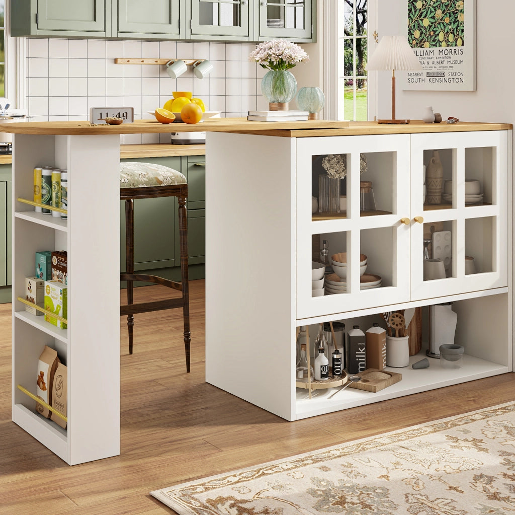 Credenza girevole 138-204x39x102.5 cm; con ante in vetro temperato; MDF bianco