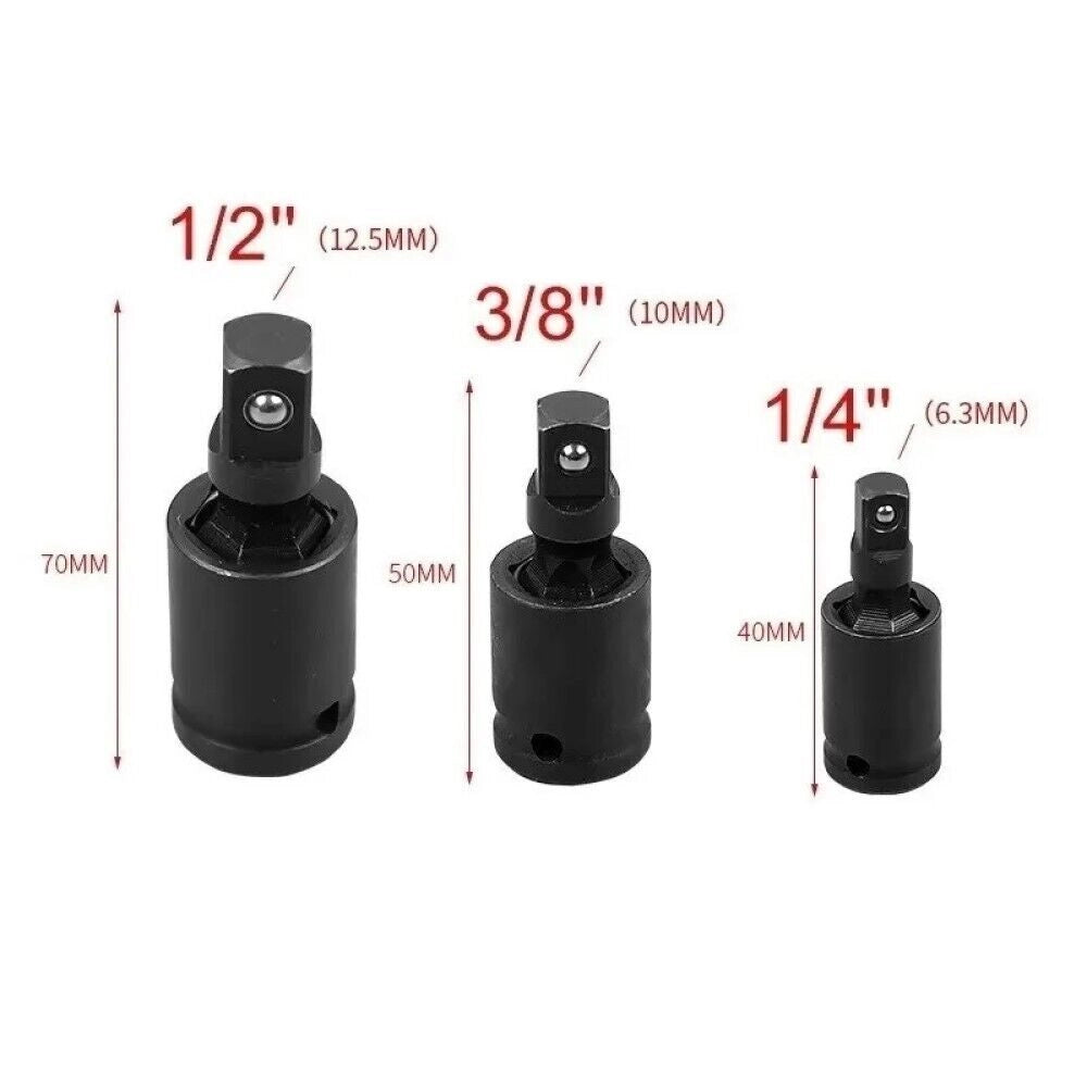 SET 3 ADATTATORI 3/8" 1/2" 1/4" A SNODO GIUNTO GIREVOLE UNIVERSALE ADATTATORE