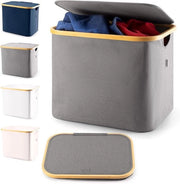 Wastino con coperchio & telaio in bambù 50L - Collapsabile Impermeabile Robusto Respirante Facile da assemblare | Può essere utilizzato come cestino per la lavanderia o contenitore chiuso | Grigio