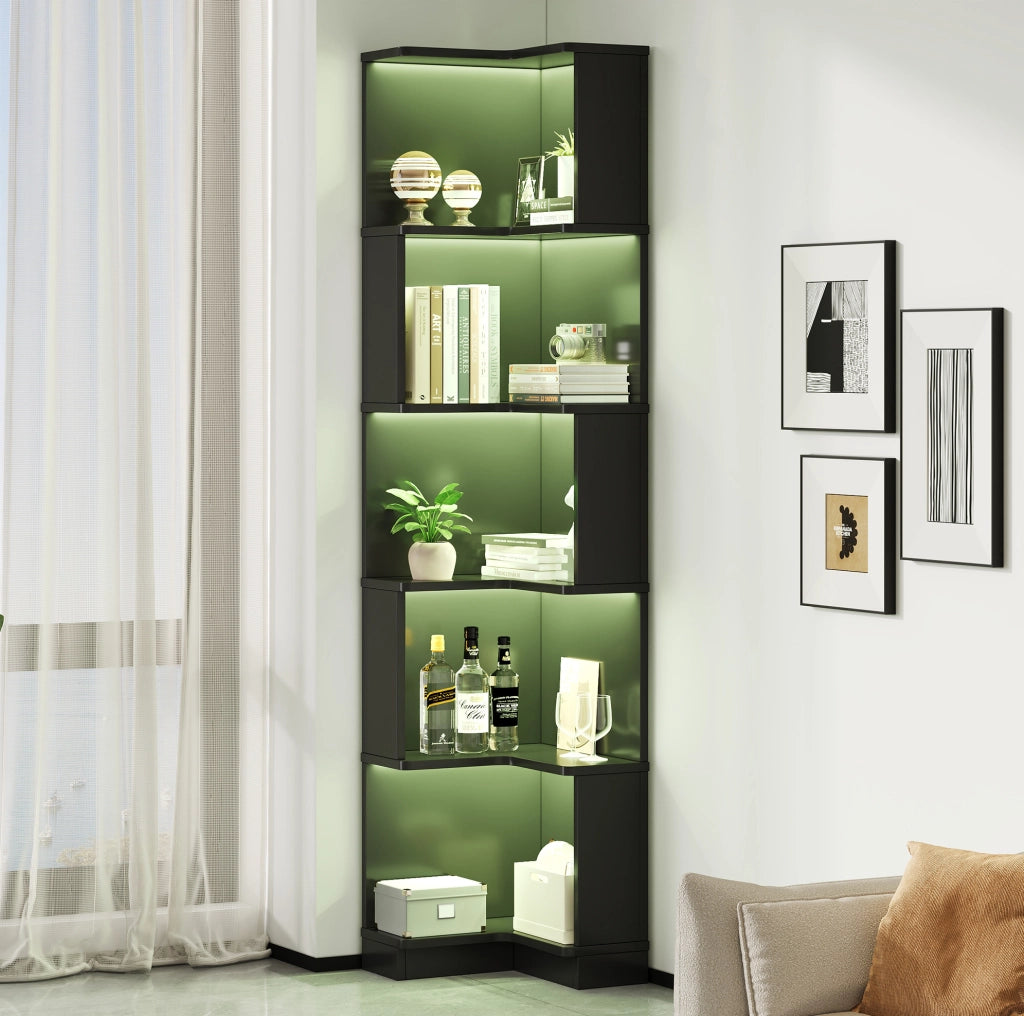 Libreria angolare a 5 ripiani in MDF con LED RGB controllabili tramite app, nera