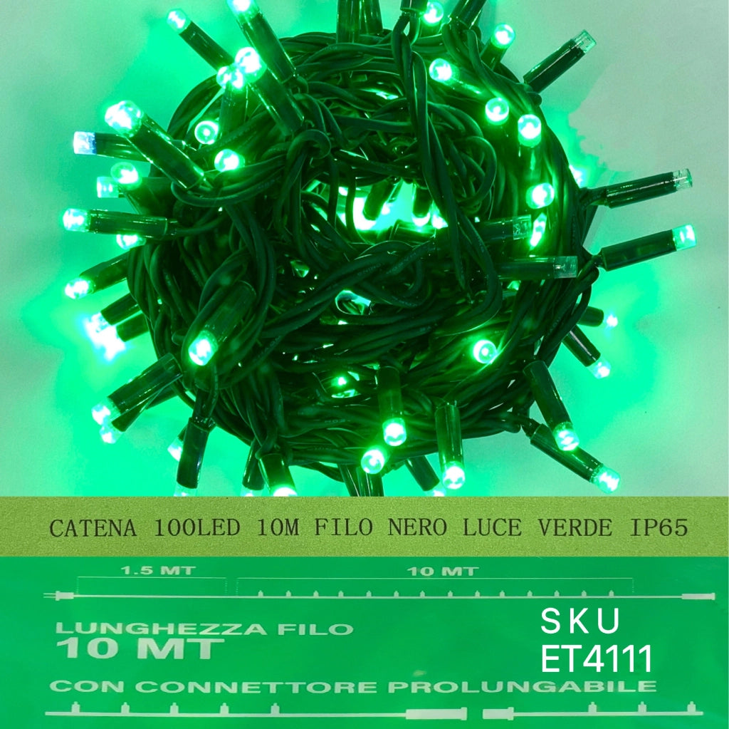 catena luminosa 100 led 10 metri filo nero luce verde ip65 /ET4111 - ETTROIT