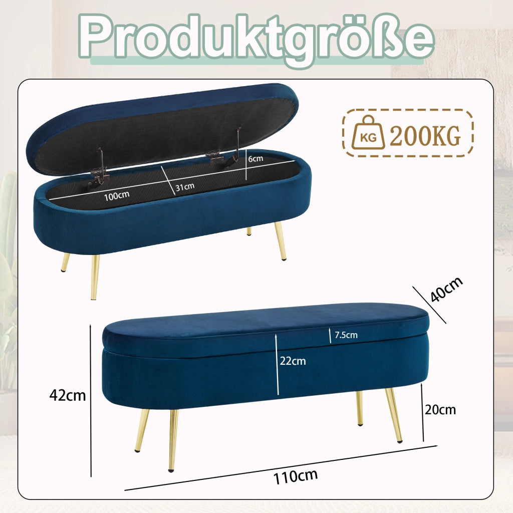 Panca contenitore in velluto blu scuro 110x40x42 cm con vano 20L e gambe in metallo