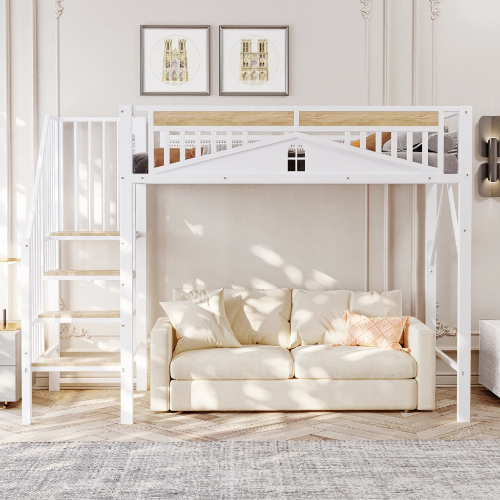 Letto a Soppalco Singolo con Scala di Sicurezza; Contenitore e Sponda Finestra; 90 x 200 cm; senza Materasso