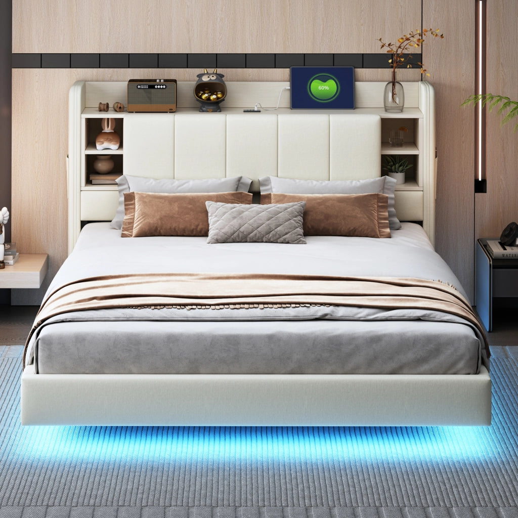 DESMIU Letto contenitore 160 × 200 cm 2 posti con LED, USB, ripiani e vani, senza materasso, beige