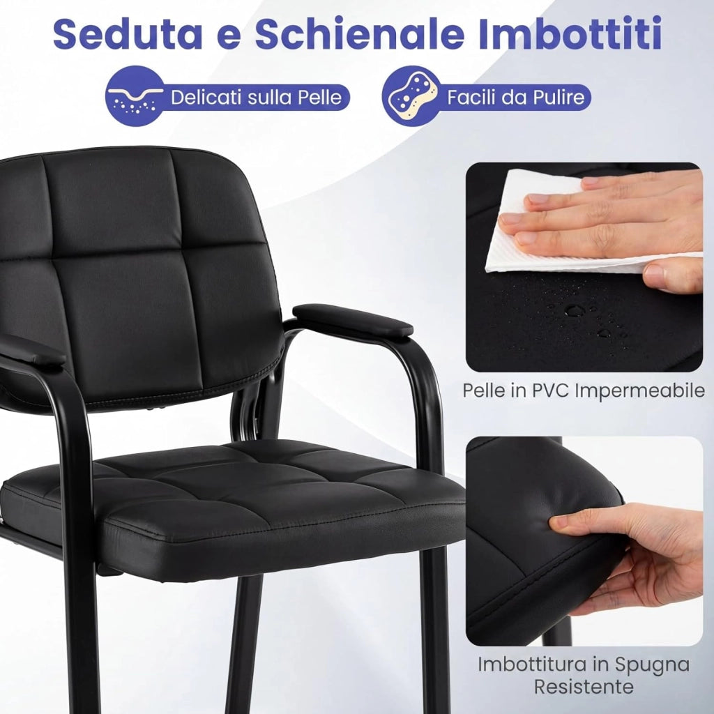Set di 2 Sedie Scrivania, Sedie da Ufficio senza Ruote, con Braccioli Imbottiti e Schienale Ergonomico, Struttura in Metallo Resistente, per Sala Riunioni, Studio, Portata 150 kg