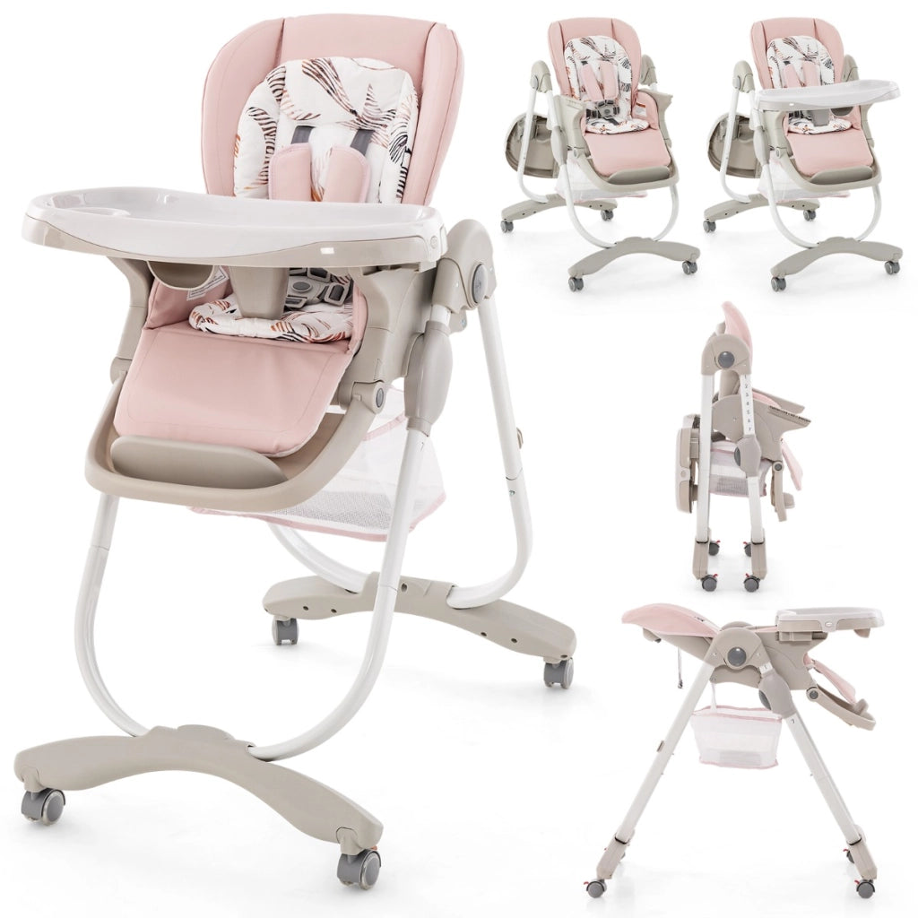 Seggiolone per bambini e neonati con rotelle altezza regolabile poggiapiedi e schienale, Seggiolone pieghevole Rosa-Seggioloni