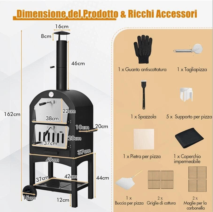 Forno per Pizza Portatile da Esterno, Rivestimento Impermeabile e Pala per Pizza, Forno Riscaldato a Legna con Piastra per Pizza, Fornello da Campeggio per Pizza, Nero