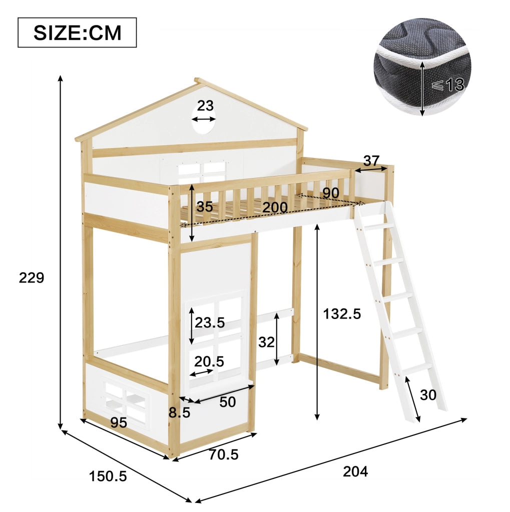 Letto a castello casa 90x200 cm bianco naturale con scala e protezioni