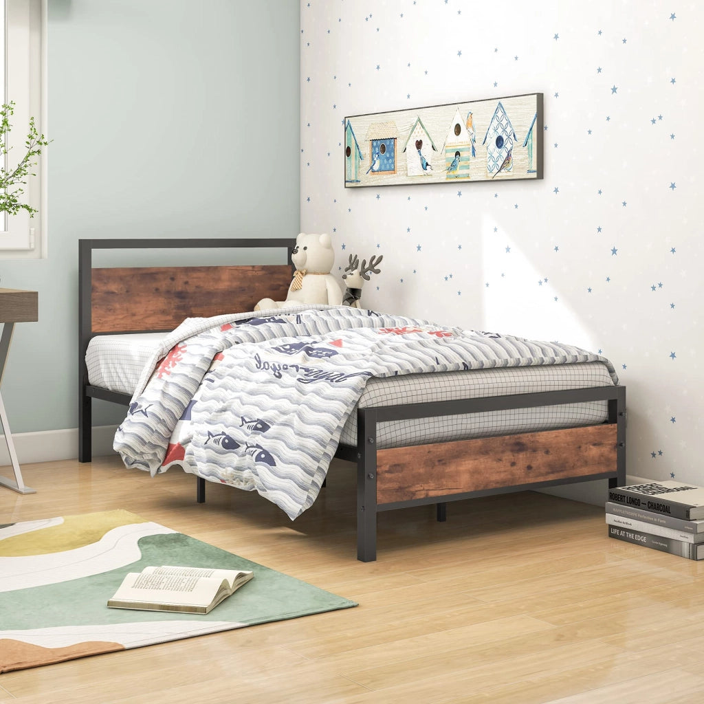LETTO Singolo 90x200 cm in MDF e metallo con rete a doghe e vano sottoletto marrone