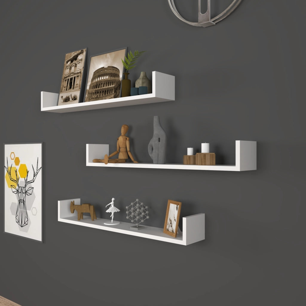 Set 'Höganäs' 3 Mensole da Muro - Consolli Pensili con Piano d'Appoggio a Forma di U - Largo 90 cm - Bianco [en.casa]