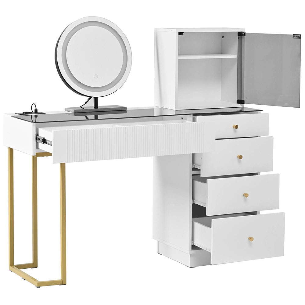 Toeletta con specchio LED - Xylo - L120xP40xH120cm - Bianco - Piano vetro temperato 5 cassetti