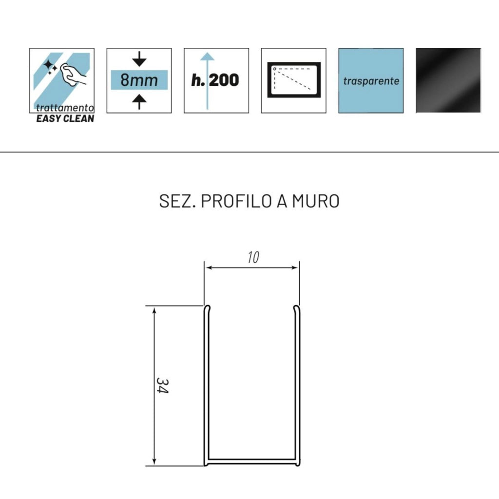 Parete doccia walk-in in cristallo temprato con profilo nero cristallo 8 mm *** misure 107-109xh200 cm, confezione 1