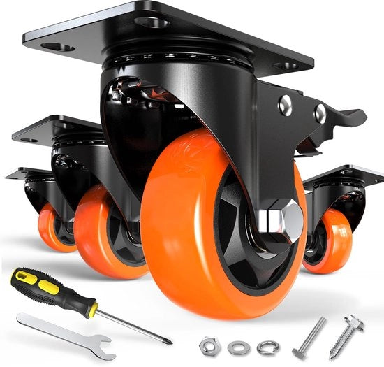 Ruote pesanti 75 mm fino a 450 kg - Ruote da mobili con 4 freni - Ruote di trasporto - Ruote da mobili - Ruote a sospensione per uso interno ed esterno