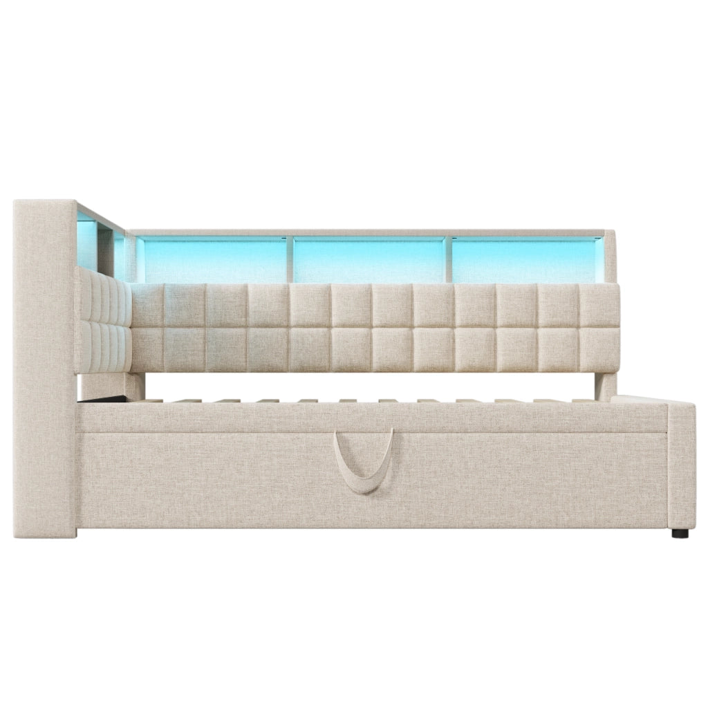 Letto imbottito con letto estraibile 90x200 cm; LED; Bluetooth; USB e Type-C; beige