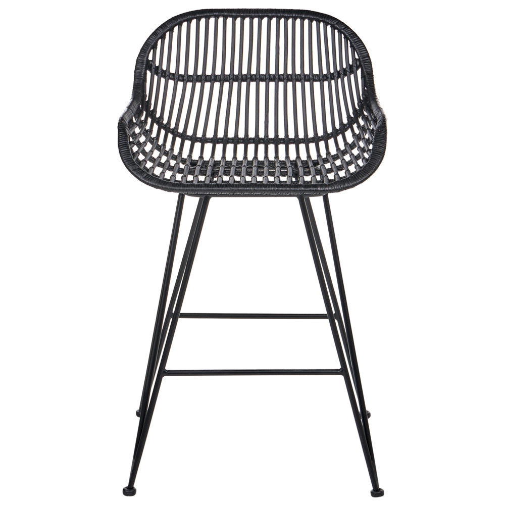 Set di 2 sedie da bar in rattan nero con struttura in ferro, per interni, stile boho, da sala da pranzo