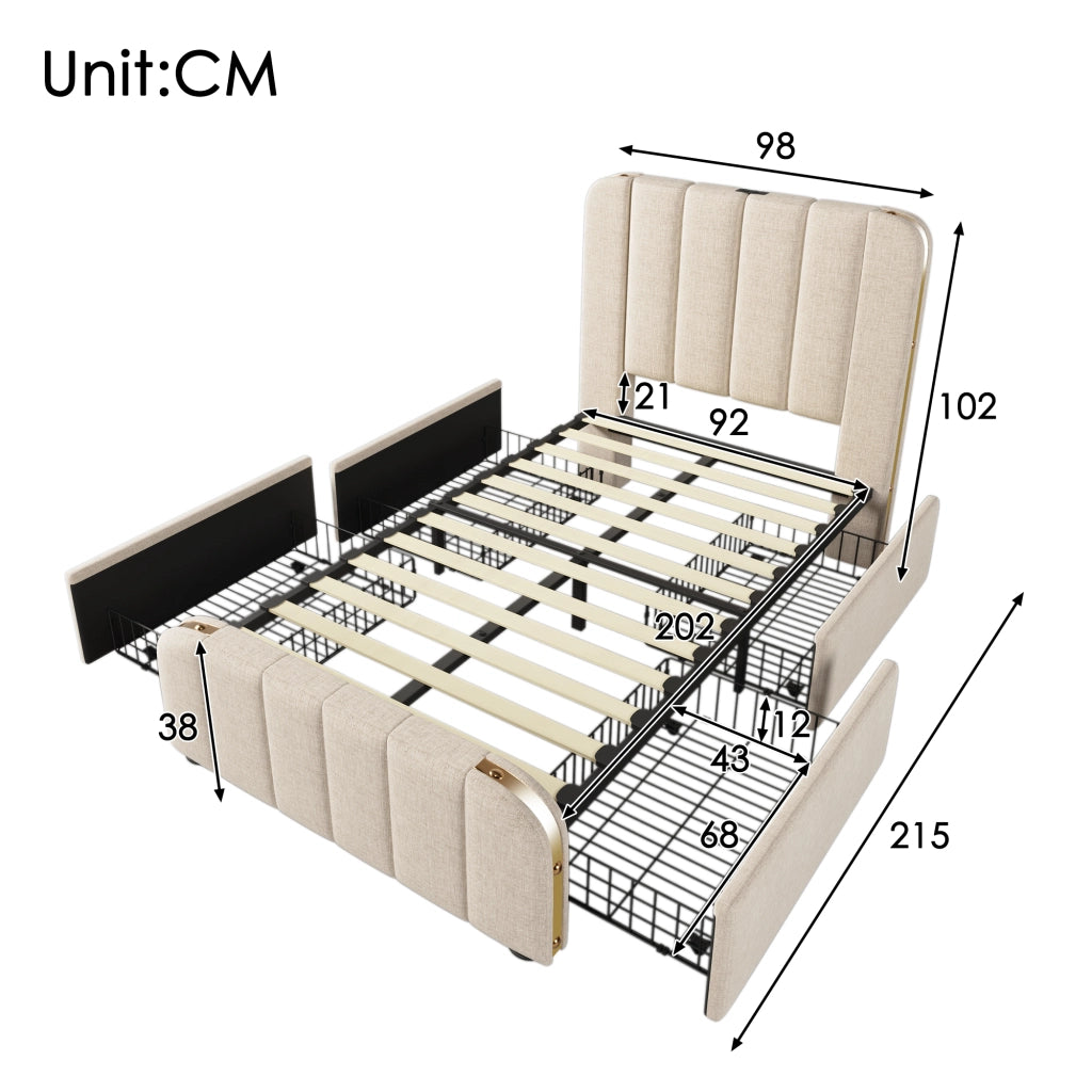 Letto con Cassetti 140 x 200 cm; Letto Matrimoniale con USB; Type-C; LED e Testiera Contenitore; senza Materasso; Grigio