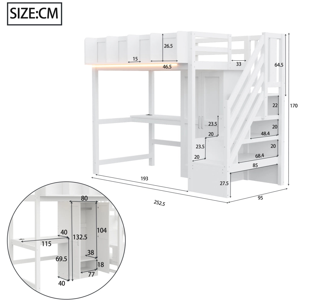Letto a soppalco 90x200 cm con scrivania; armadio; scala contenitore; LED e prese; bianco
