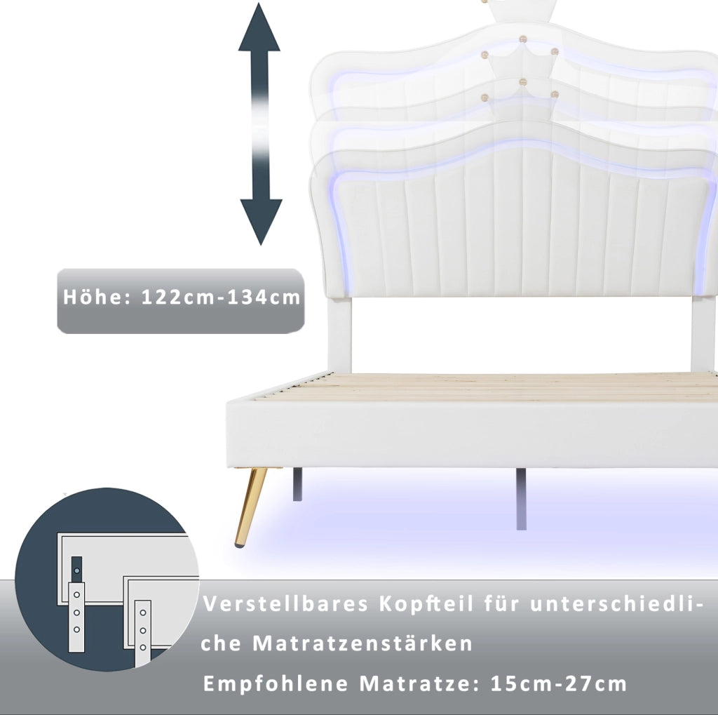 Letto per bambini imbottito 140x200 cm con LED; testiera a conchiglia con corona; bianco