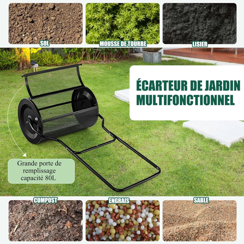Rullo Spargiconcime Prato da 80L, Spargiconcime a Rullo Ø39 x 68 cm con Manico e Cestello in Rete Metallica, Spargiterriccio da Giardino per Concimazione e Semina (Nero)