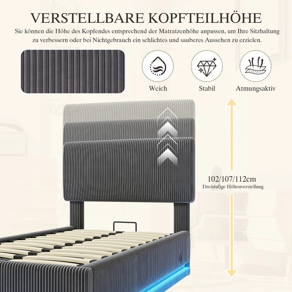 Letto Imbottito con LED, USB-C, Testiera Regolabile e Contenitore ¨C MINIMAL ¨C Velluto a Coste, 90x200, Grigio