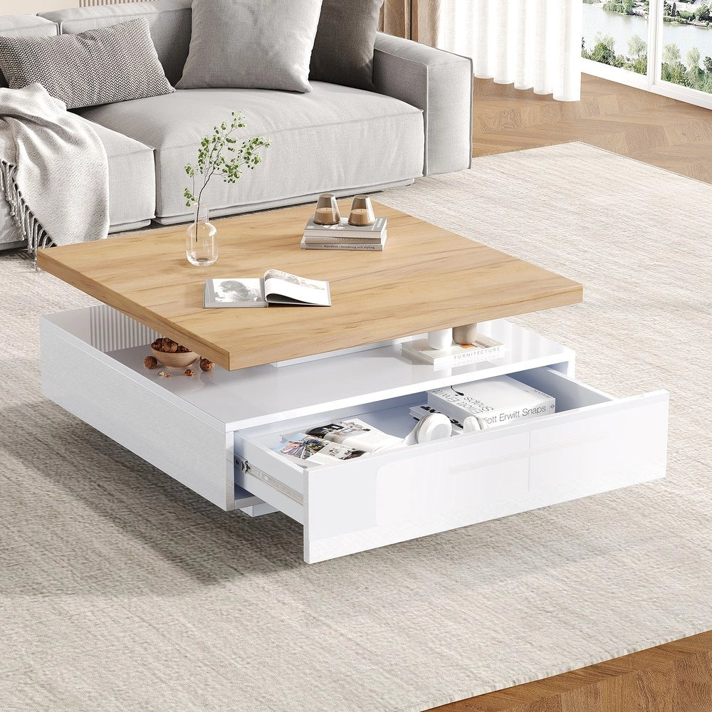 Tavolino da Salotto Girevole 360¡ã con Cassetti e Ripiano ¨C Xylo ¨C Bianco Lucido, Effetto Noce