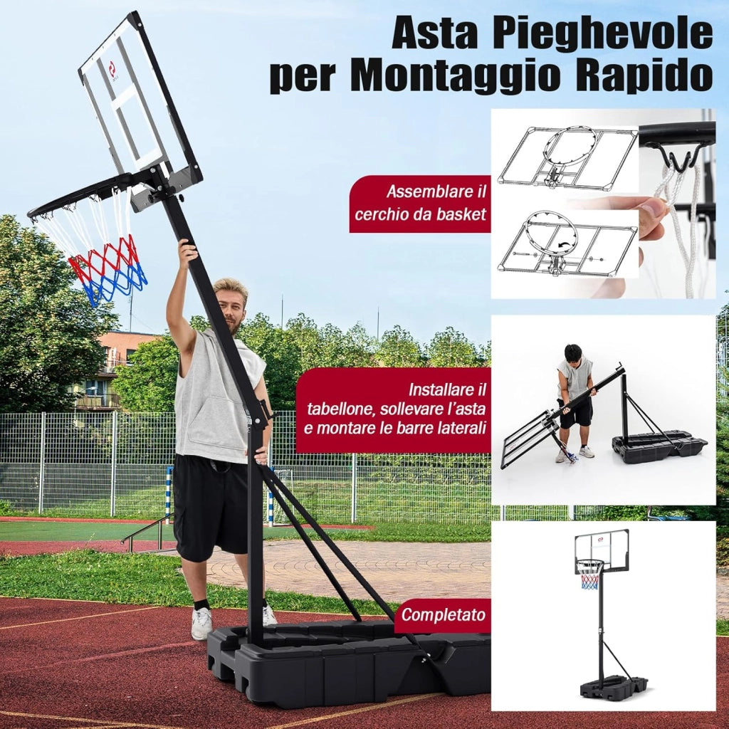 Canestro da Basket da Esterno ed Interno, Canestro da Basket Professionale e Pieghevole con Altezza Regolabile 230-305 cm, Tabellone in PC Infrangibile e Base Mobile con Ruote e Riempibile