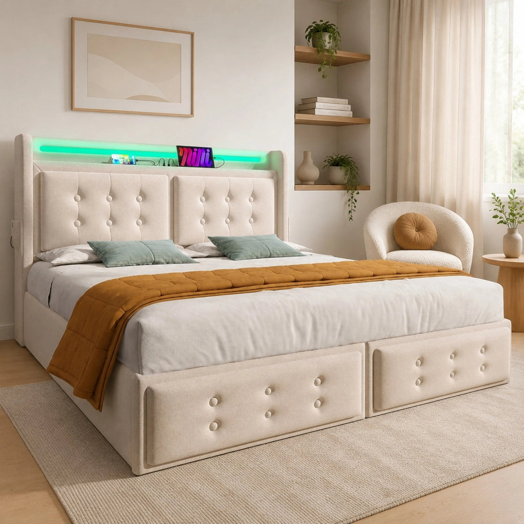 LETTO imbottito 140x200 cm in cotone-lino beige con LED, USB e 4 cassetti
