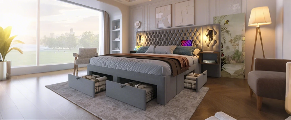 Letto Matrimoniale Imbottito con Comodini e Cassetti ¨C MINIMAL ¨C Grigio Velluto 160x200
