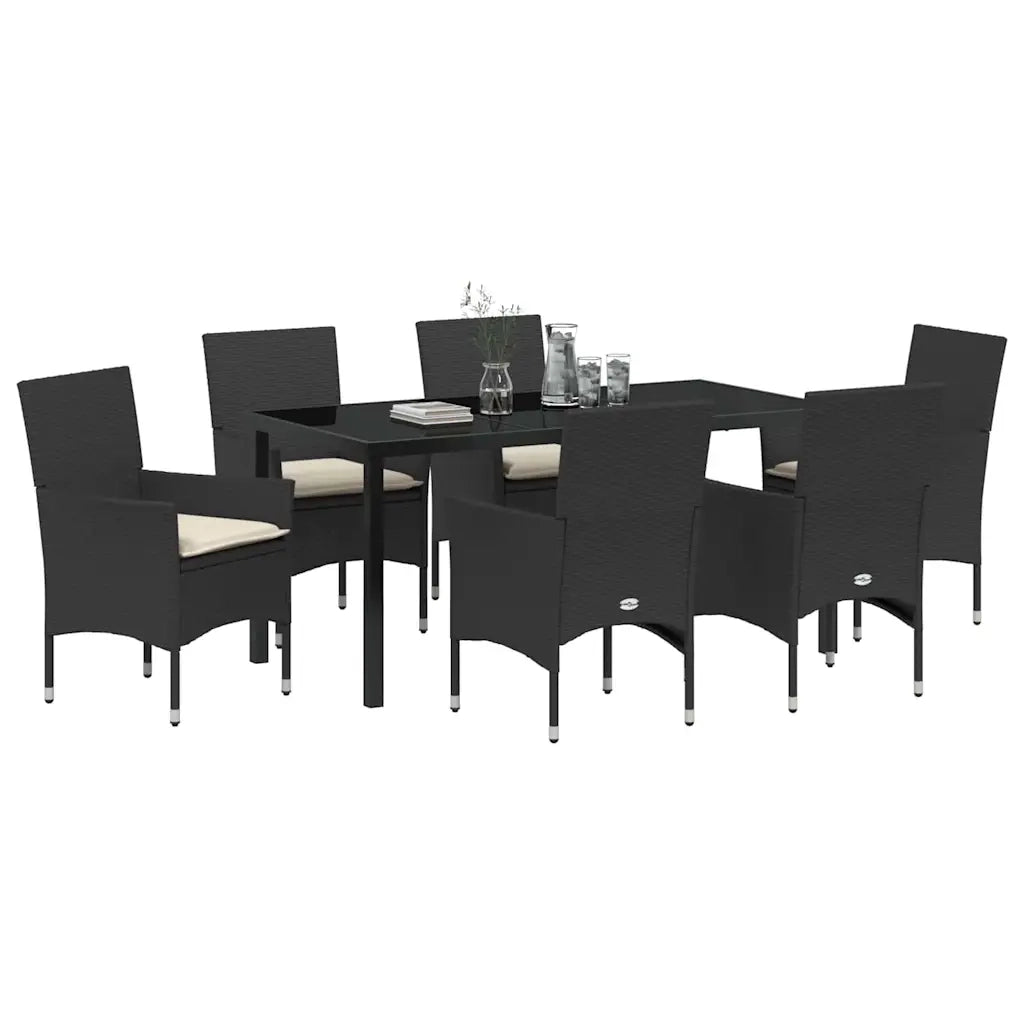 Set da Pranzo per Giardino con cuscino 7 pcs Nero polyrattan