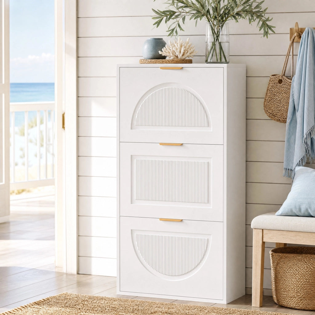 Scarpiera stretta con 3 ante ribaltabili, mobile portascarpe bianco in MDF e truciolare, 60 x 24 x 114 cm