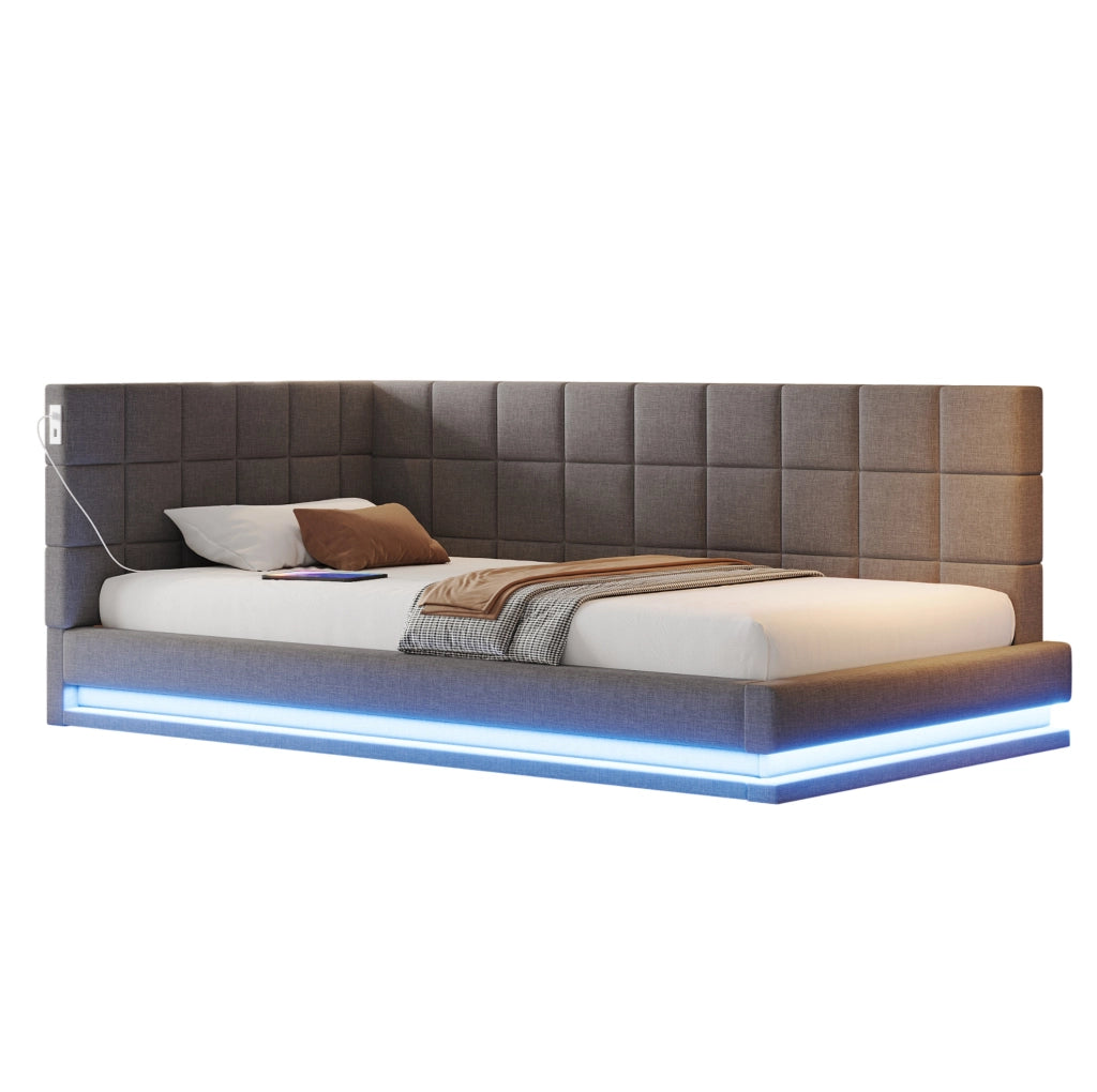 Divano letto 90x200 cm grigio in lino, con LED, USB e rete a doghe