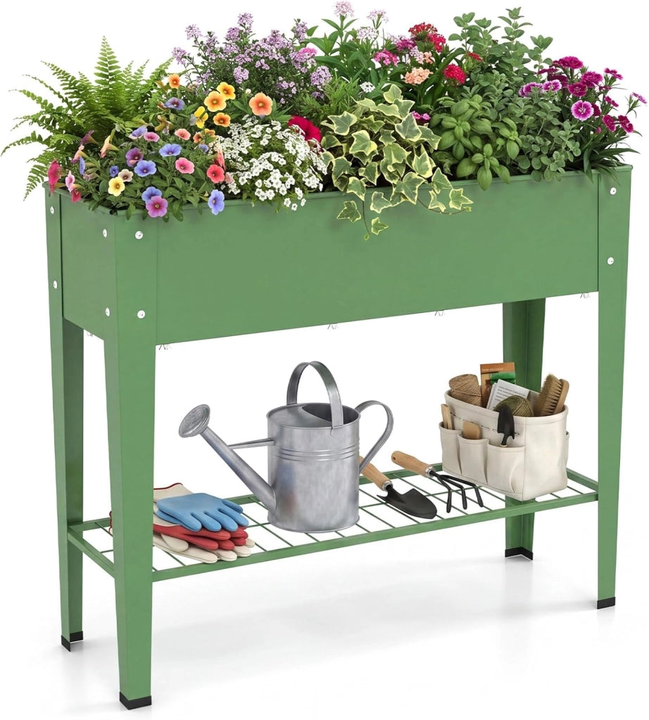 Fioriera Rialzata Rettangolare, Orto Rialzato da Esterno in Metallo con Ripiano in Rete, Fori di Drenaggio e Piedini Antiscivolo, Letto Elevato da Giardino per Fiori e Frutti, 95 x 31 x 80 cm