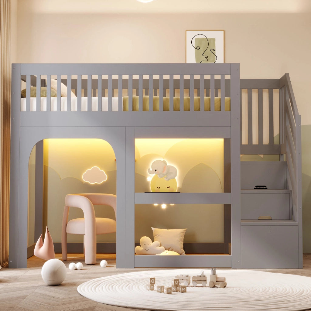 Letto a soppalco 90 x 200 cm, con ripiano portaoggetti, illuminazione a LED, sponde di sicurezza, letto per bambini, grigio