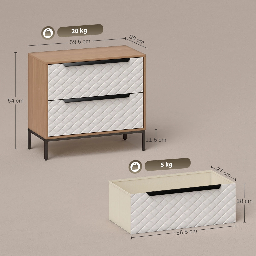 Com¨° con 2 Cassetti Tessuto Fronte Diamantato per Soggiorno Ufficio ¨C Minimal ¨C Naturale Bianco
