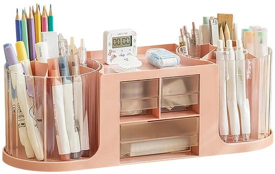 Penholder Box, Organizzatore per Scrivania con Doppia Lente, 14 Cesti, Grande Capacità, Cassetto a Doppia Lente Transparente, Adatto per Pastelli, Diverse Attrezzature da Ufficio (Rosso)