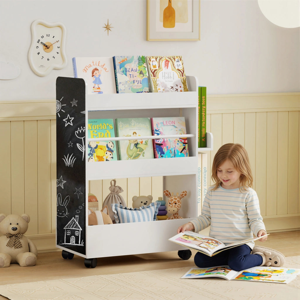 Libreria per Bambini 3-8 Anni a Due Lati, Scaffale Portagiochi con Ruote e Lavagna Nera, Bianco