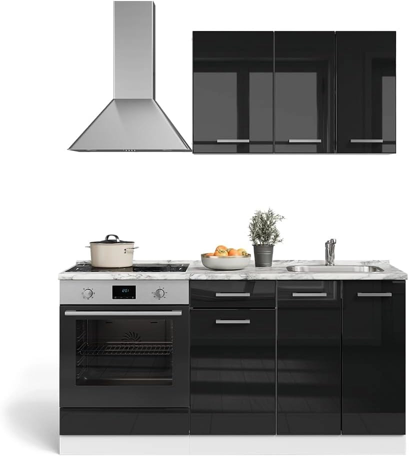 Cucina completa R-Line, Nero lucido/bianco, 160 cm con base forno e lavello con PT